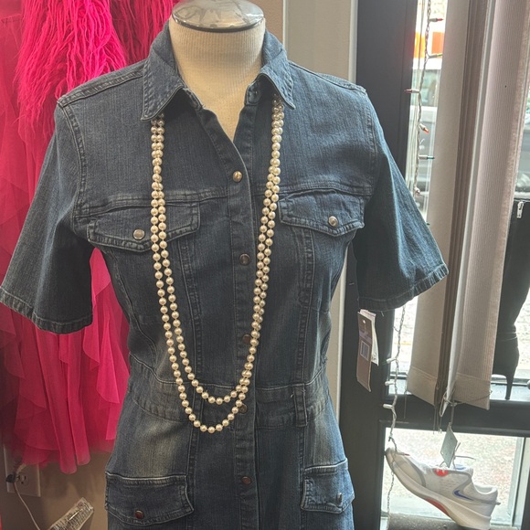 Hope & Henry Dresses & Skirts - Denim Midi Shirt Dress with Pearl Detail - Blue